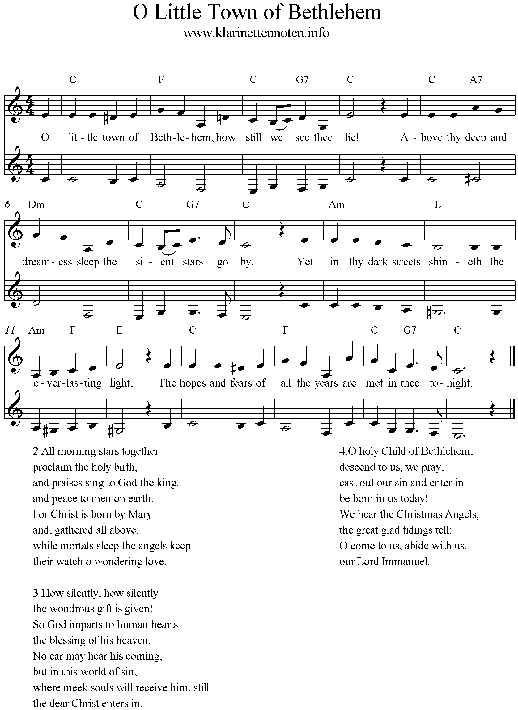 O Little Town Of Bethlehem 2stimmig Noten für Klarinette Anfänger, Clarinet Beginner